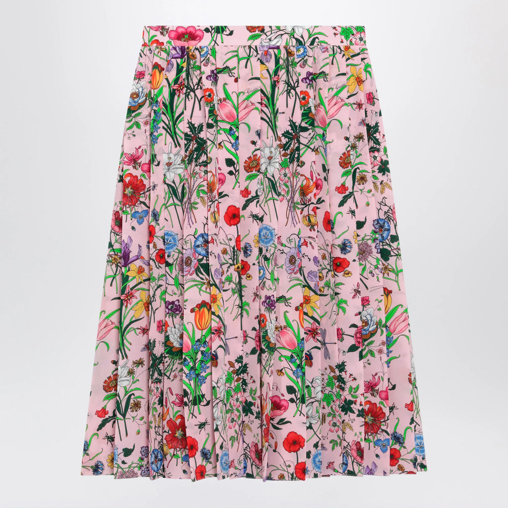 GUCCI Flora-print pleated silk midi skirt in pink