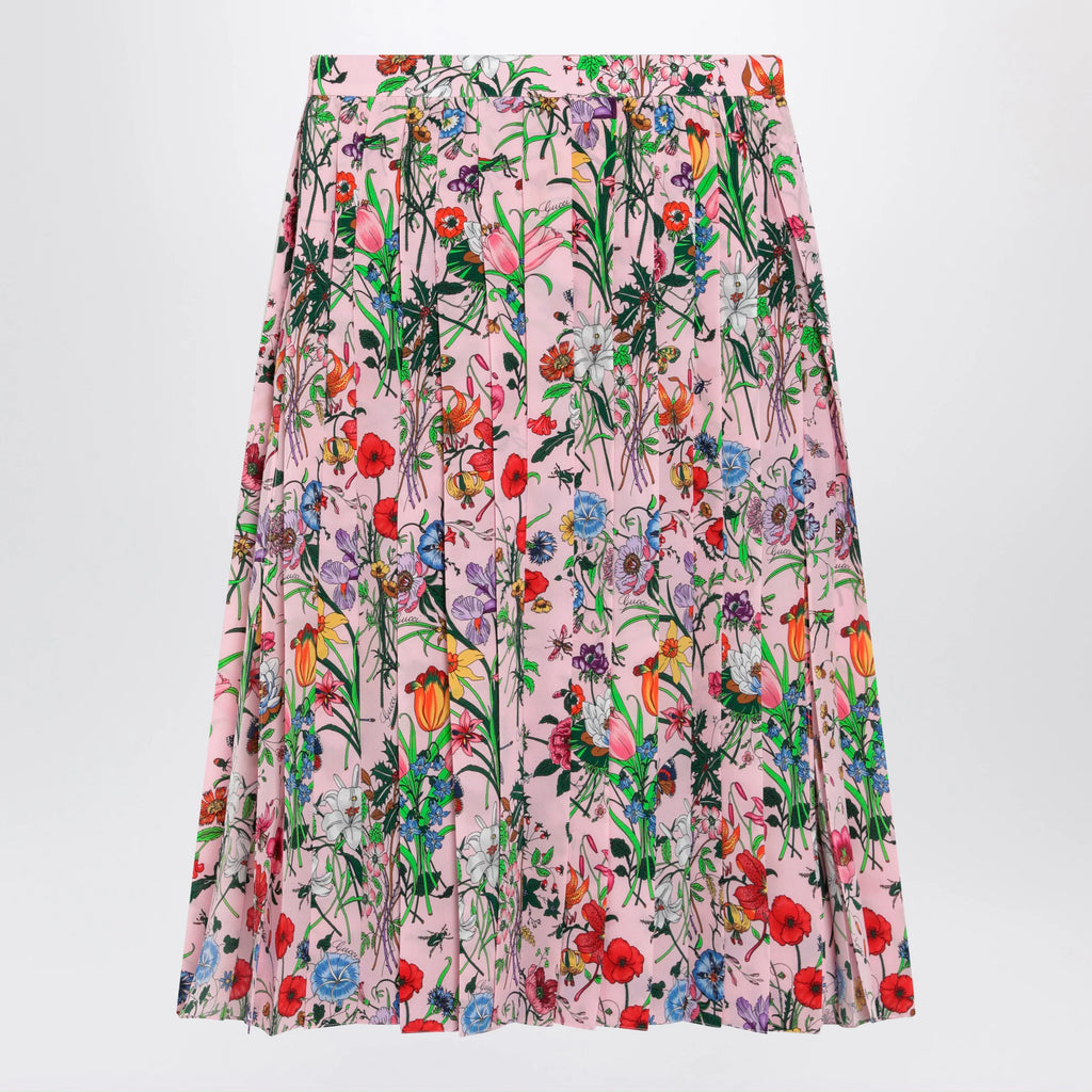 GUCCI Flora-print pleated silk midi skirt in pink