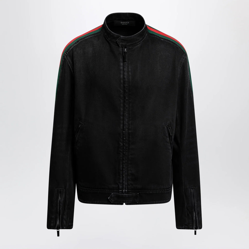 GUCCI Black cotton denim biker jacket with Web trim