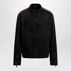 GUCCI Black cotton denim biker jacket with Web trim