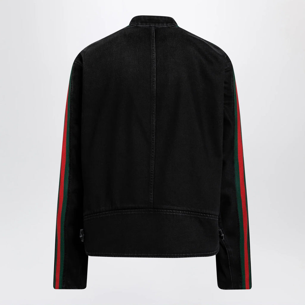 GUCCI Black cotton denim biker jacket with Web trim