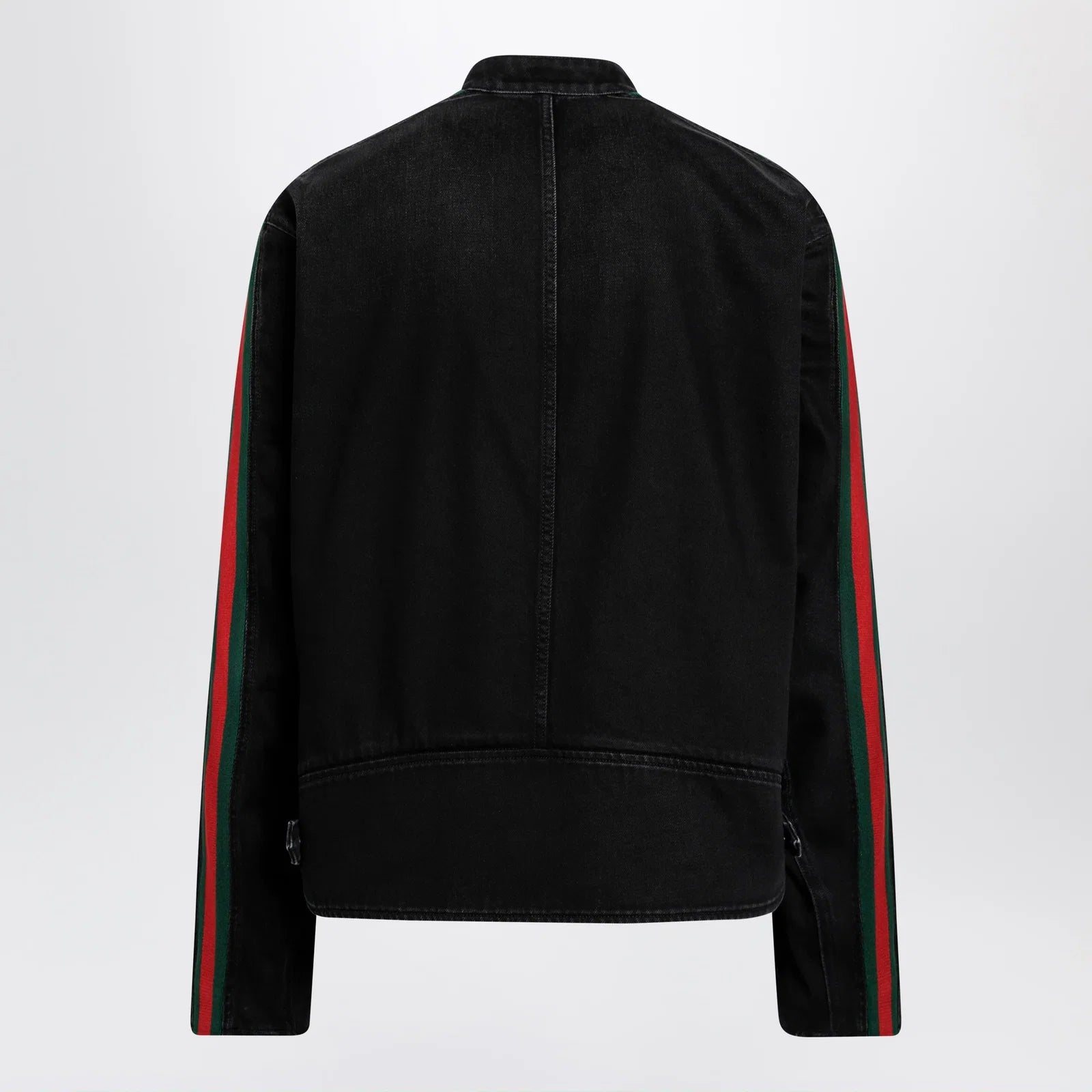 GUCCI Black cotton denim biker jacket with Web trim