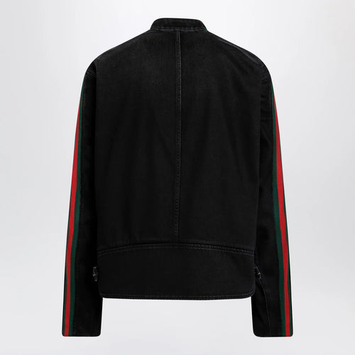 GUCCI Black cotton denim biker jacket with Web trim
