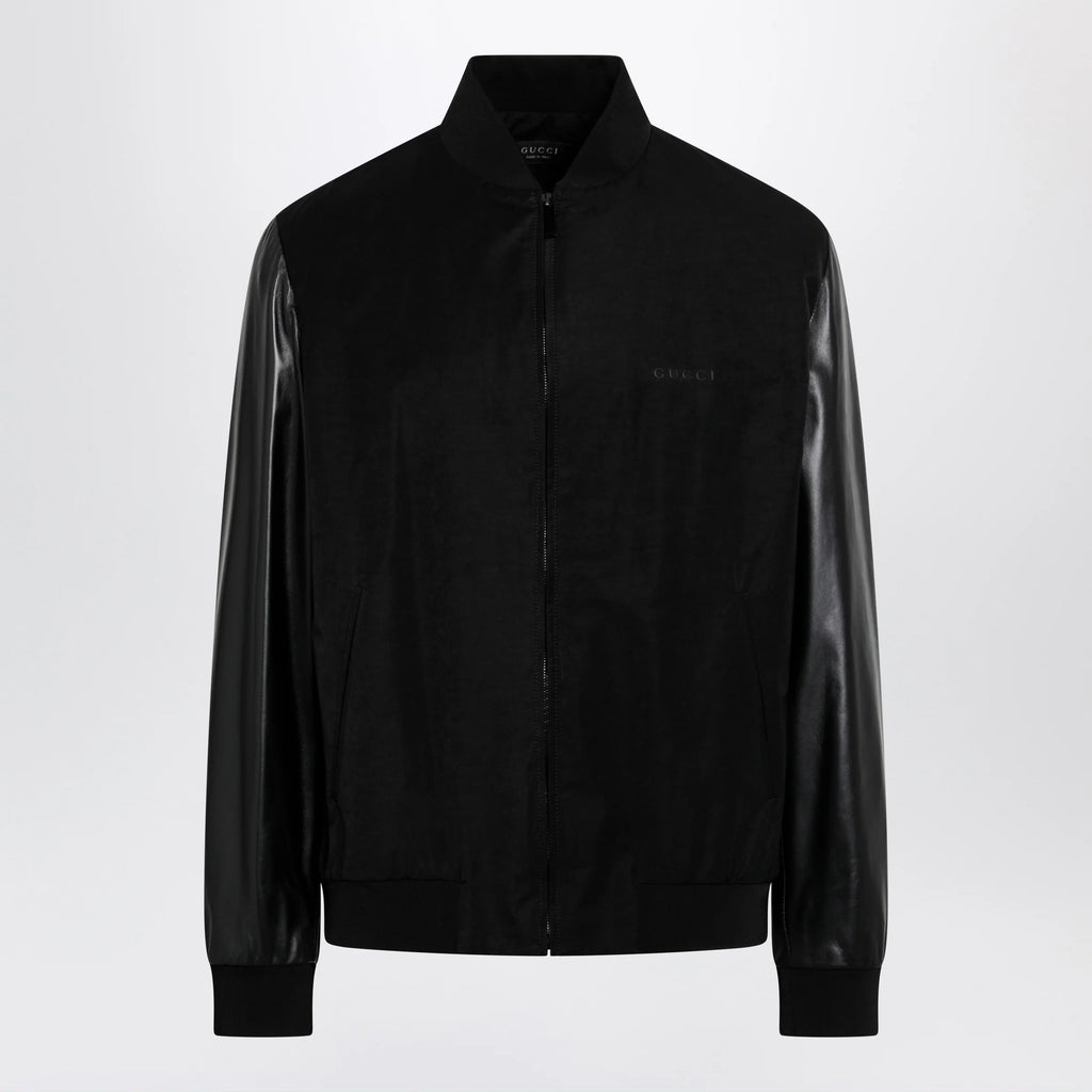 GUCCI Fabric bomber with nappa leather sleeves, black