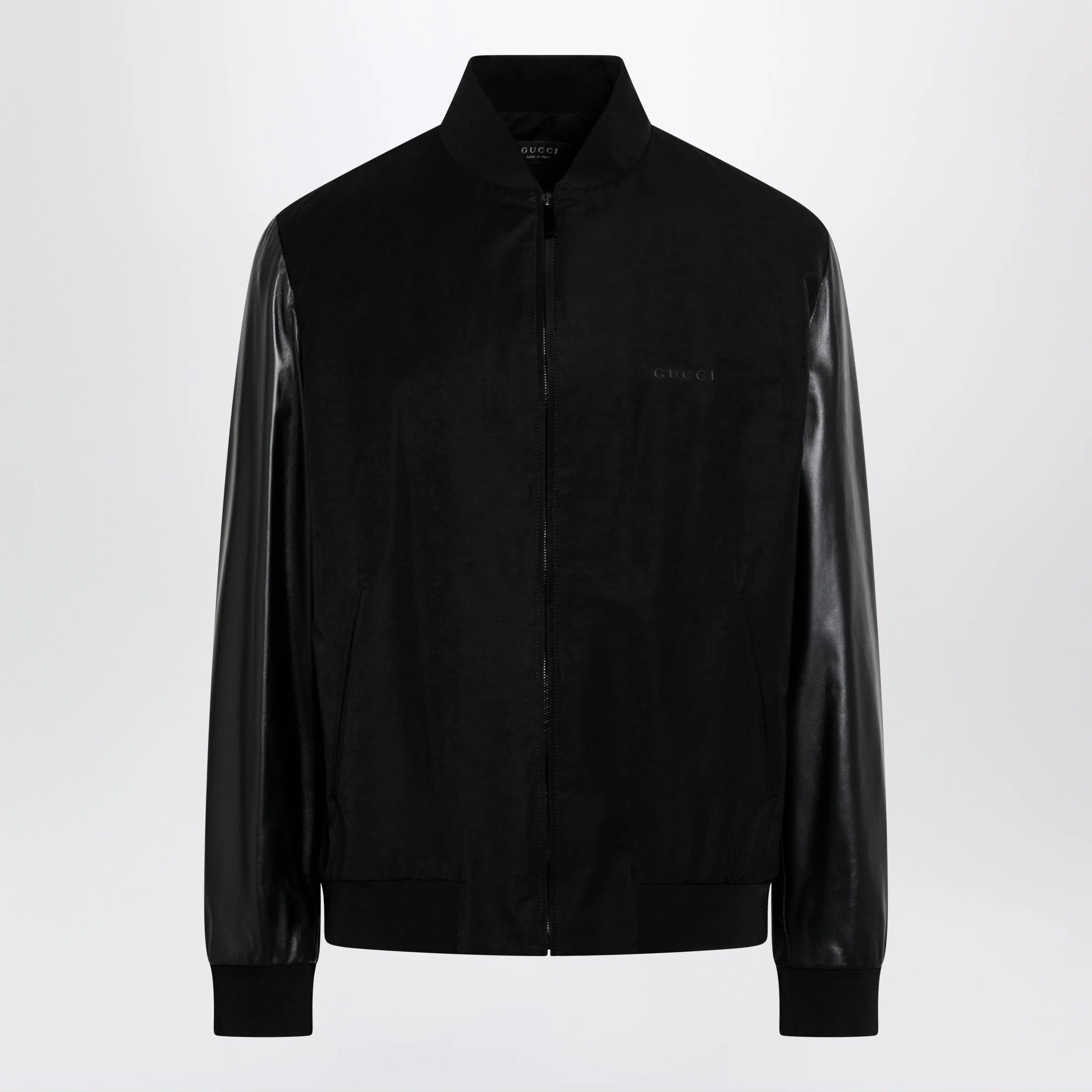 GUCCI Fabric bomber with nappa leather sleeves, black