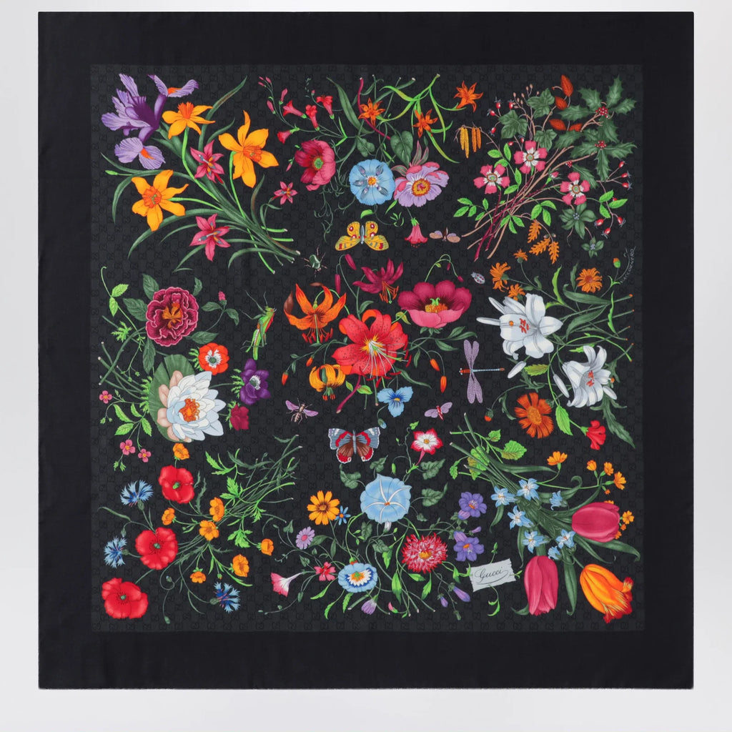GUCCI Wool and silk scarf with floral print