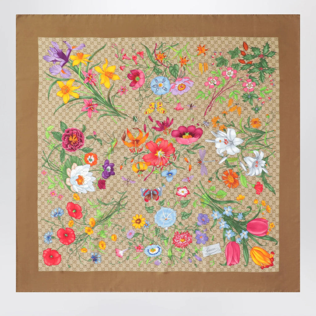 GUCCI Wool and silk shawl with Flora and GG print in shell