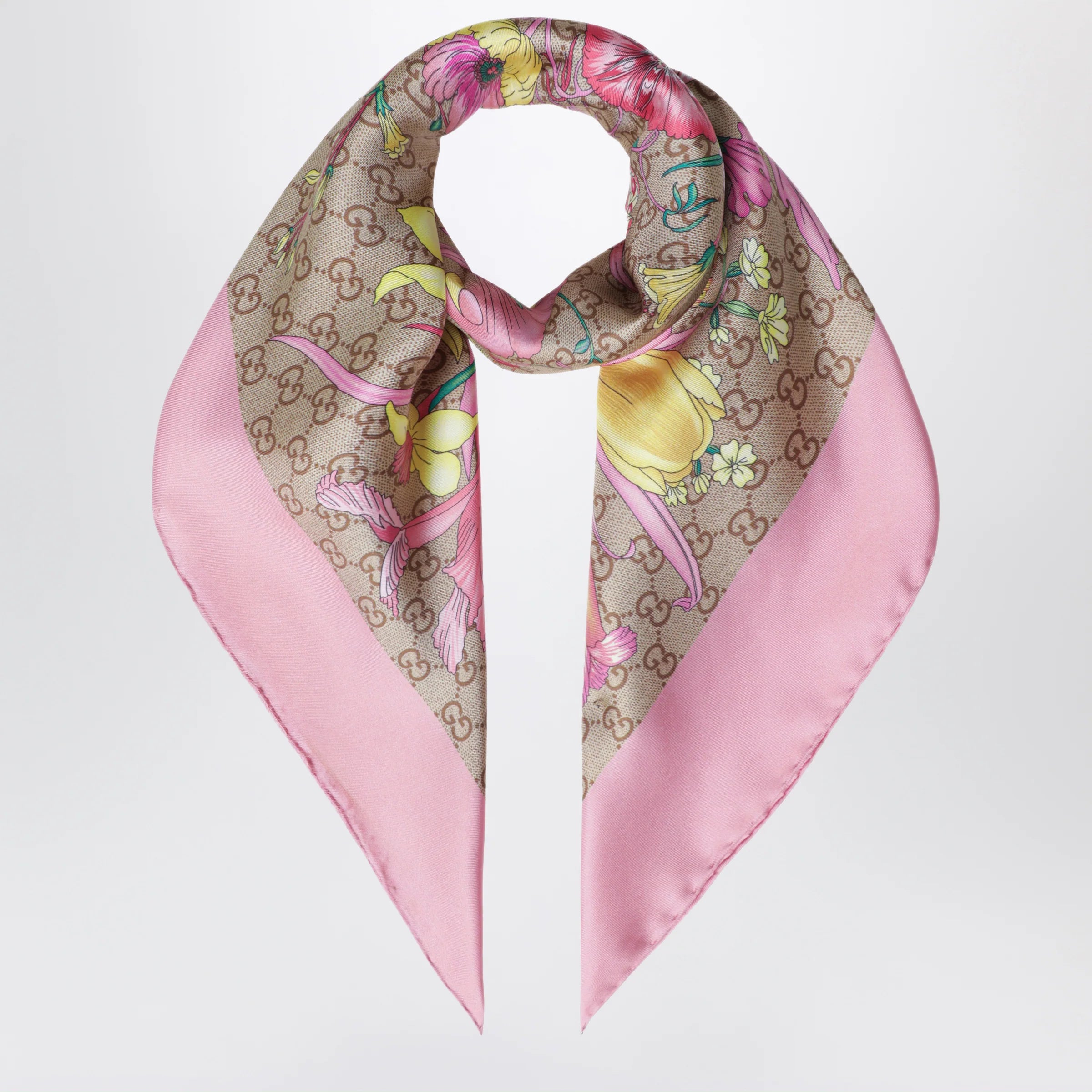 GUCCI Silk twill carré with GG print in pink
