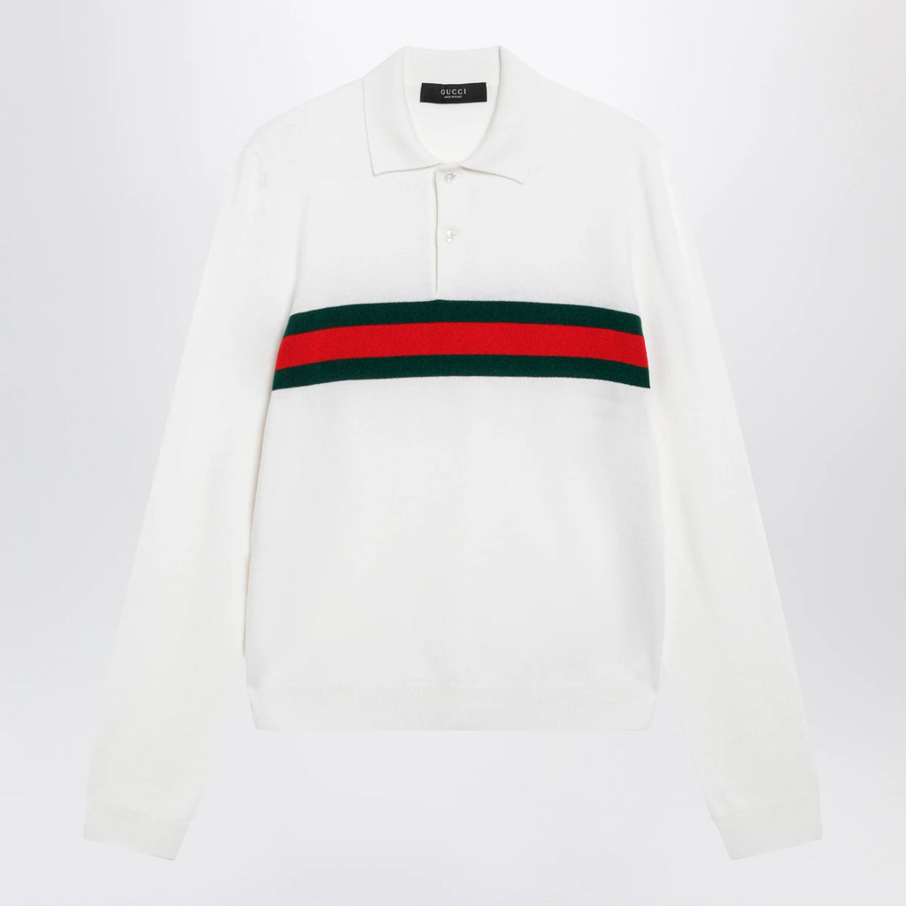 GUCCI White cashmere polo shirt with Web motif