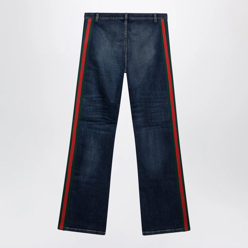 GUCCI Low-rise cotton denim Web tape trousers in blue