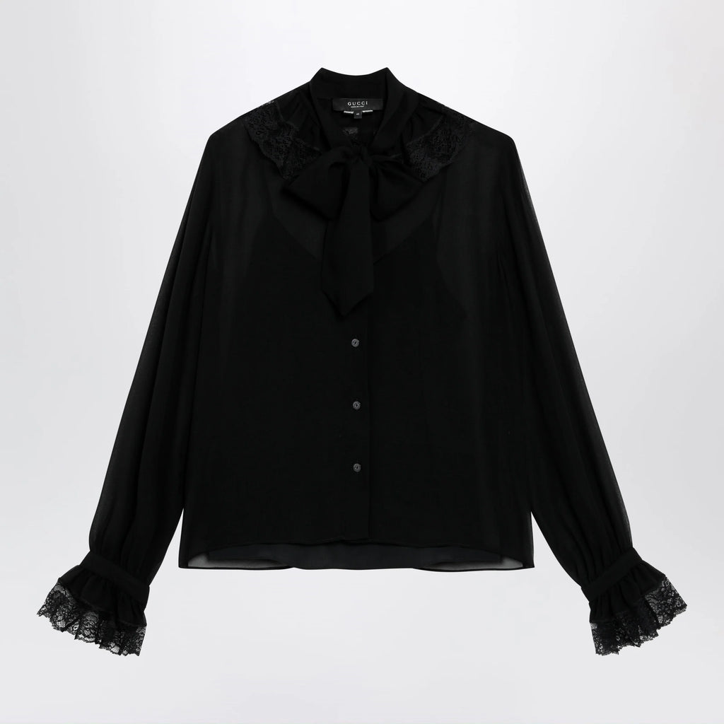 GUCCI Black lightweight silk georgette shirt with lace
