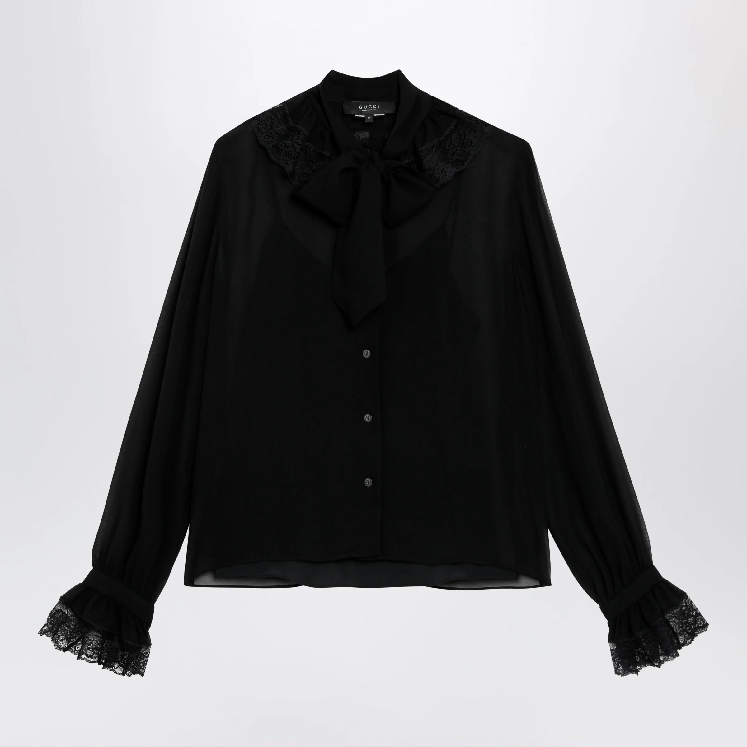 GUCCI Black lightweight silk georgette shirt with lace
