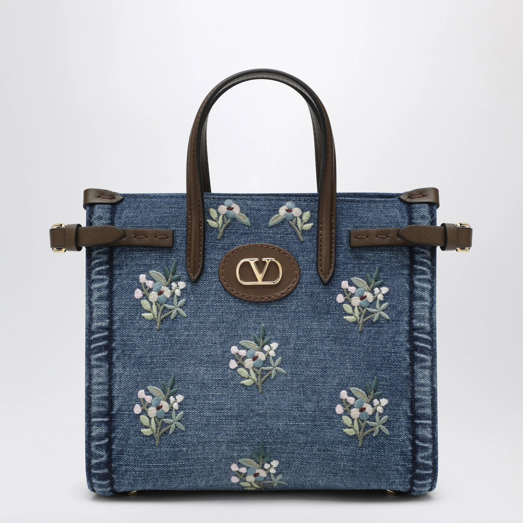 Valentino Garavani Antibes small embroidered denim shopping bag in blue