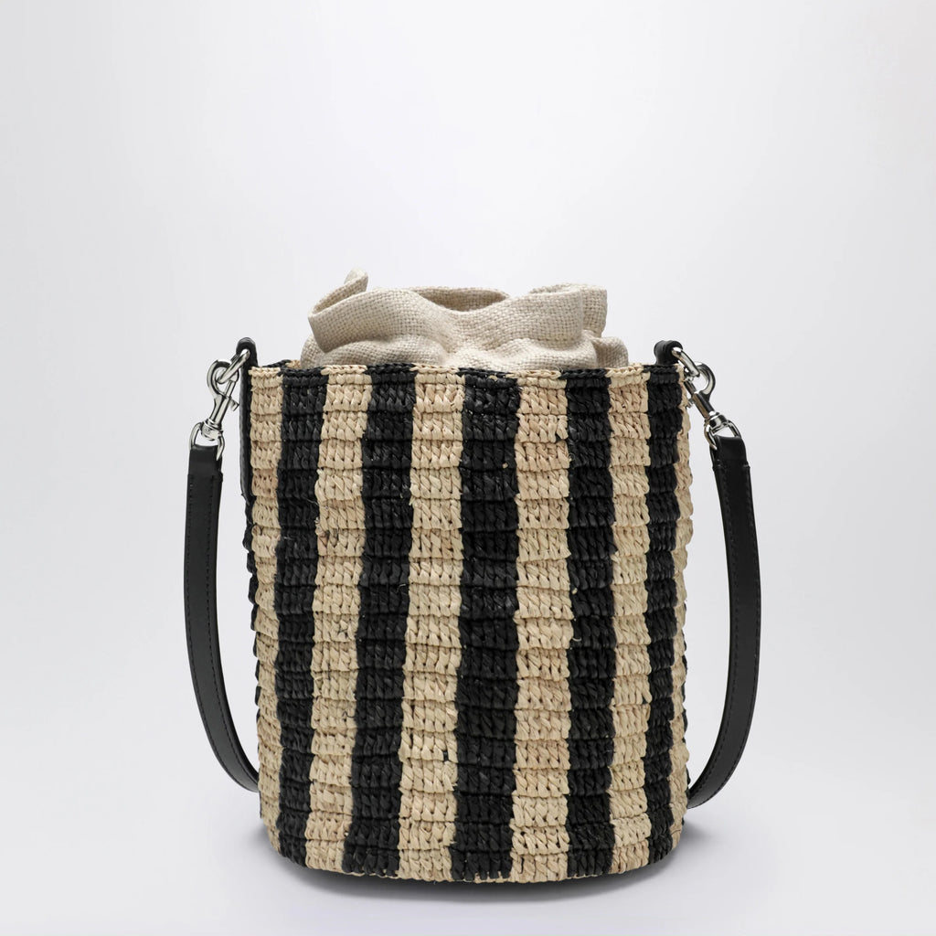 Valentino Garavani Small bucket bag in raffia with beige and black stripes