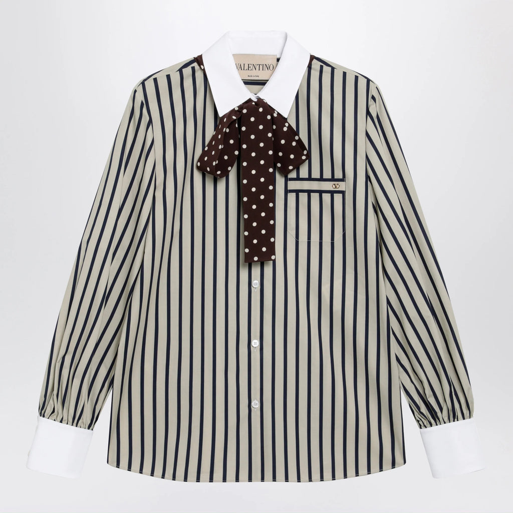Valentino Striped cotton shirt with scarf in beige and blue