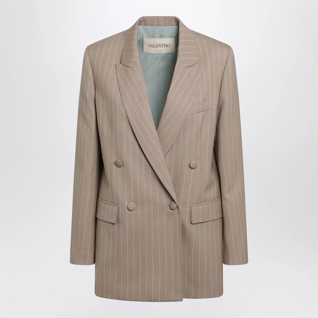 Valentino Double-Breasted Pinstripe Jacket in Mud/Ivory Virgin Wool