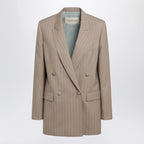 Valentino Double-Breasted Pinstripe Jacket in Mud/Ivory Virgin Wool