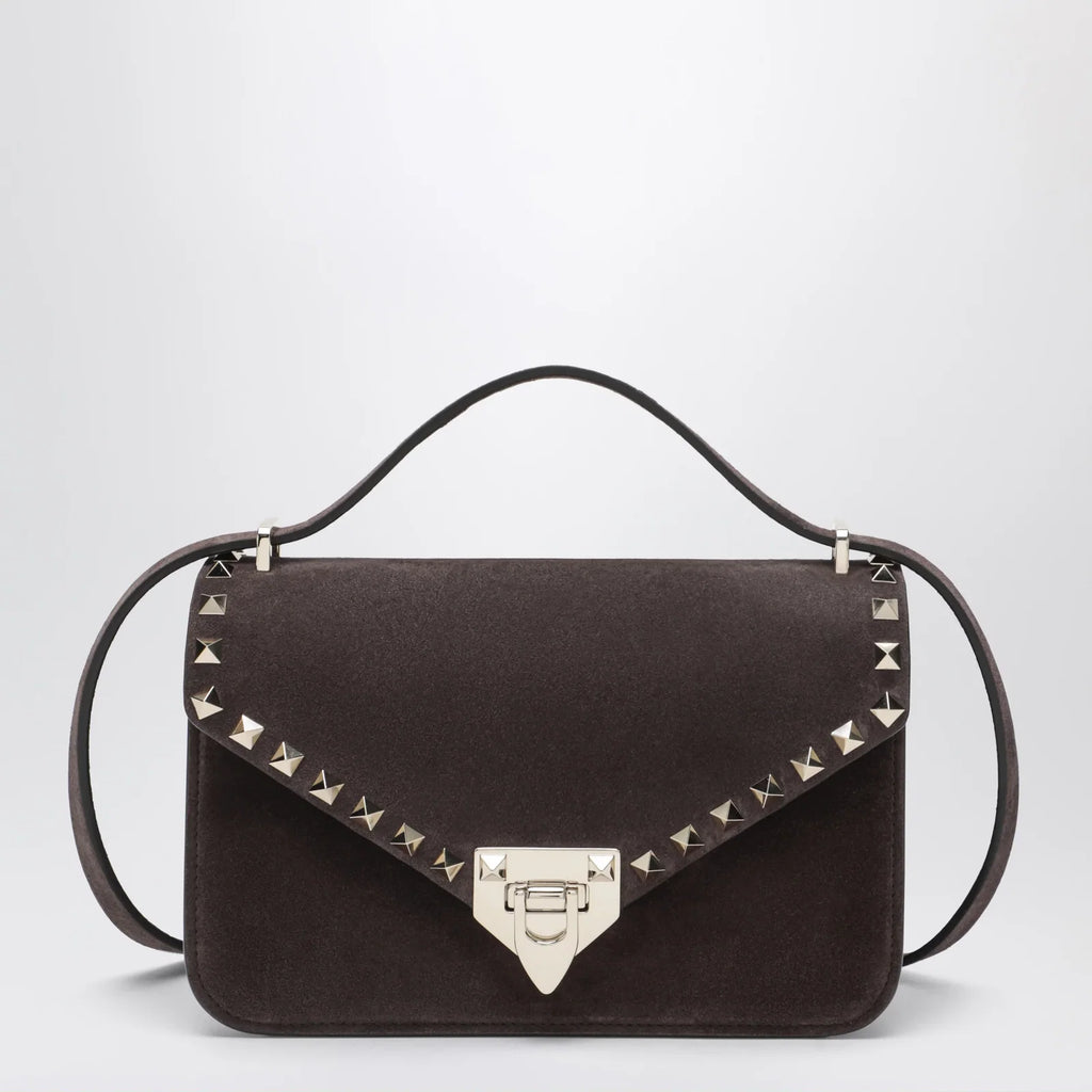 Valentino Garavani Small Rockstud crossbody bag in ebony brown suede