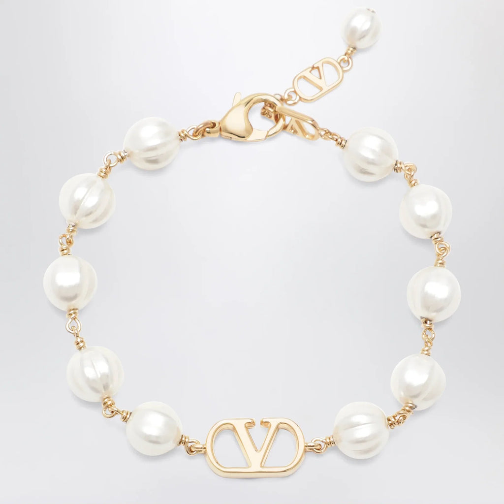 Valentino Garavani VLogo Signature bracelet in metal and pearls, gold/cream
