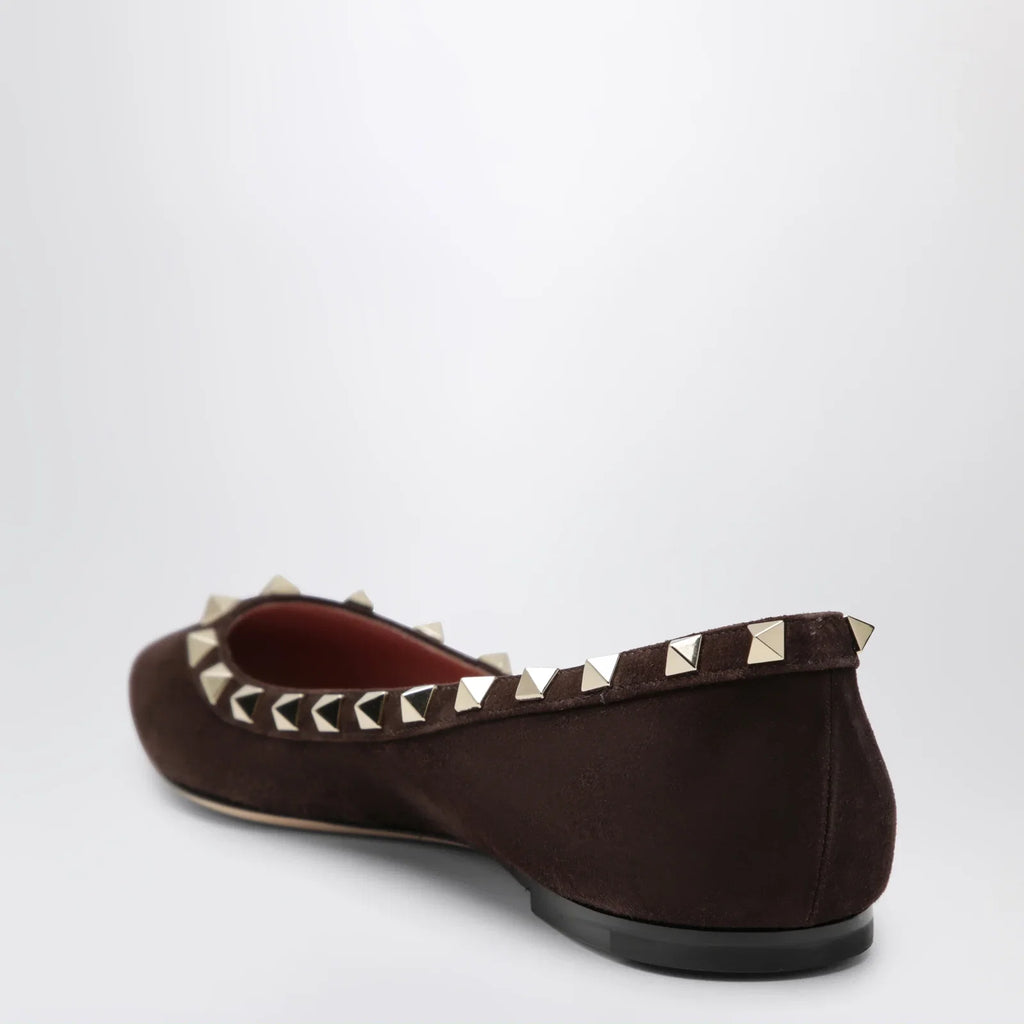 Valentino Garavani Brown Suede Rockstud Ballet Flats