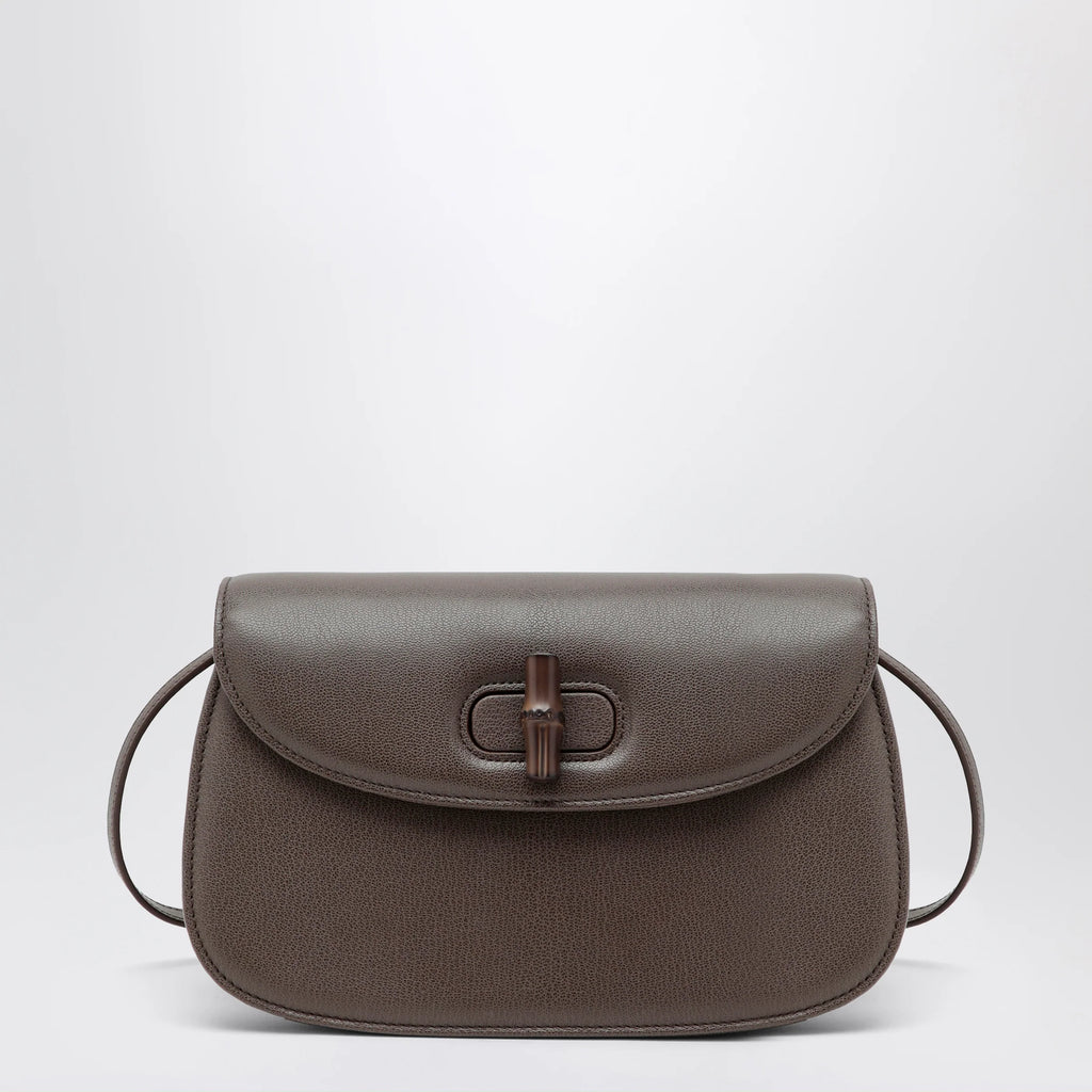 GUCCI Small shoulder bag in dark taupe leather with bamboo closure