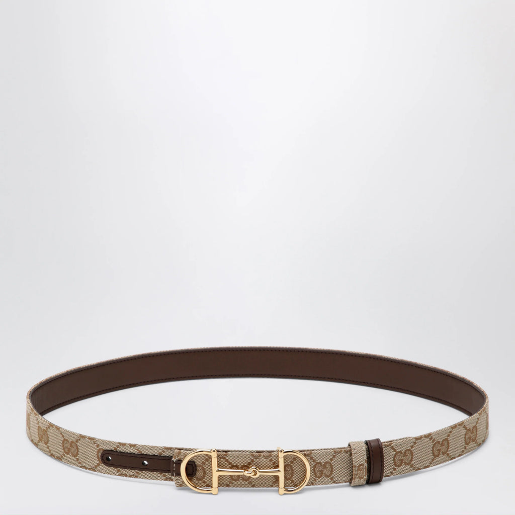 GUCCI Reversible GG fabric and leather belt in sand/brown with Horsebit buckle