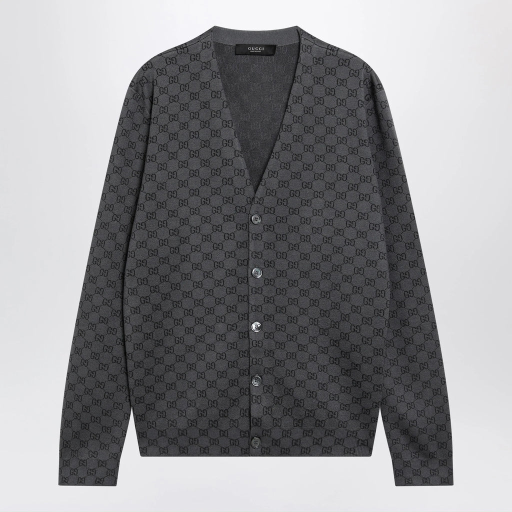 GUCCI Grey wool and silk cardigan with GG motif