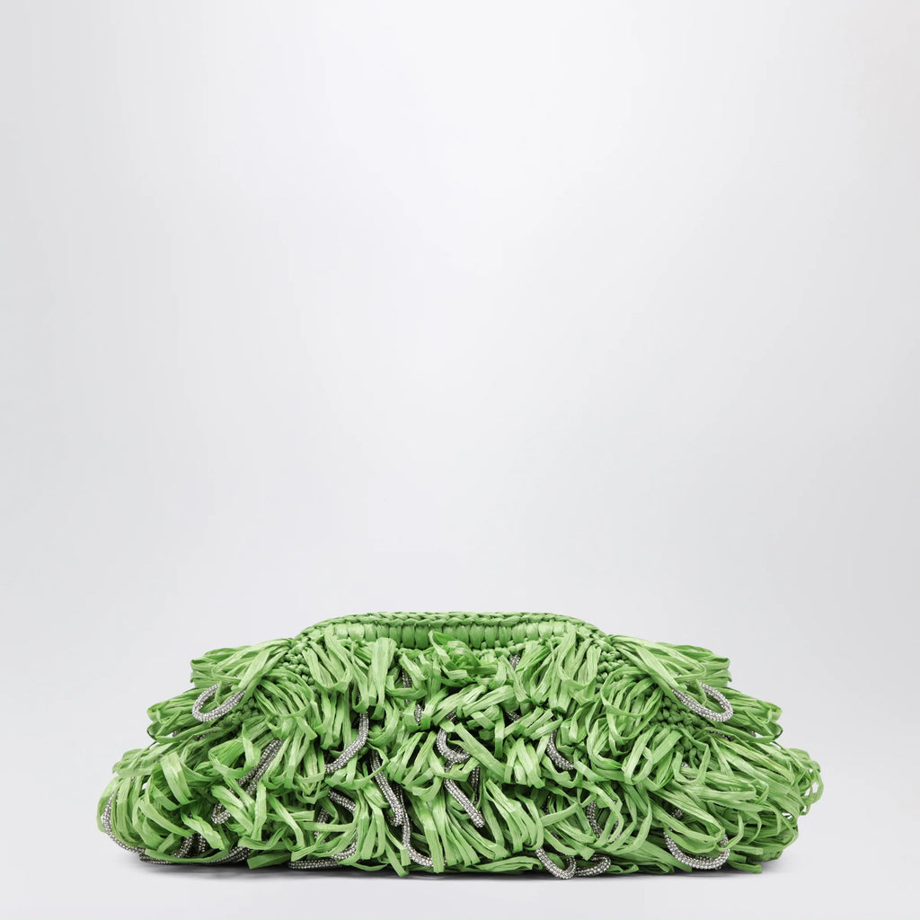 Hibourama Beatrix apple green clutch with raffia fringes and crystals