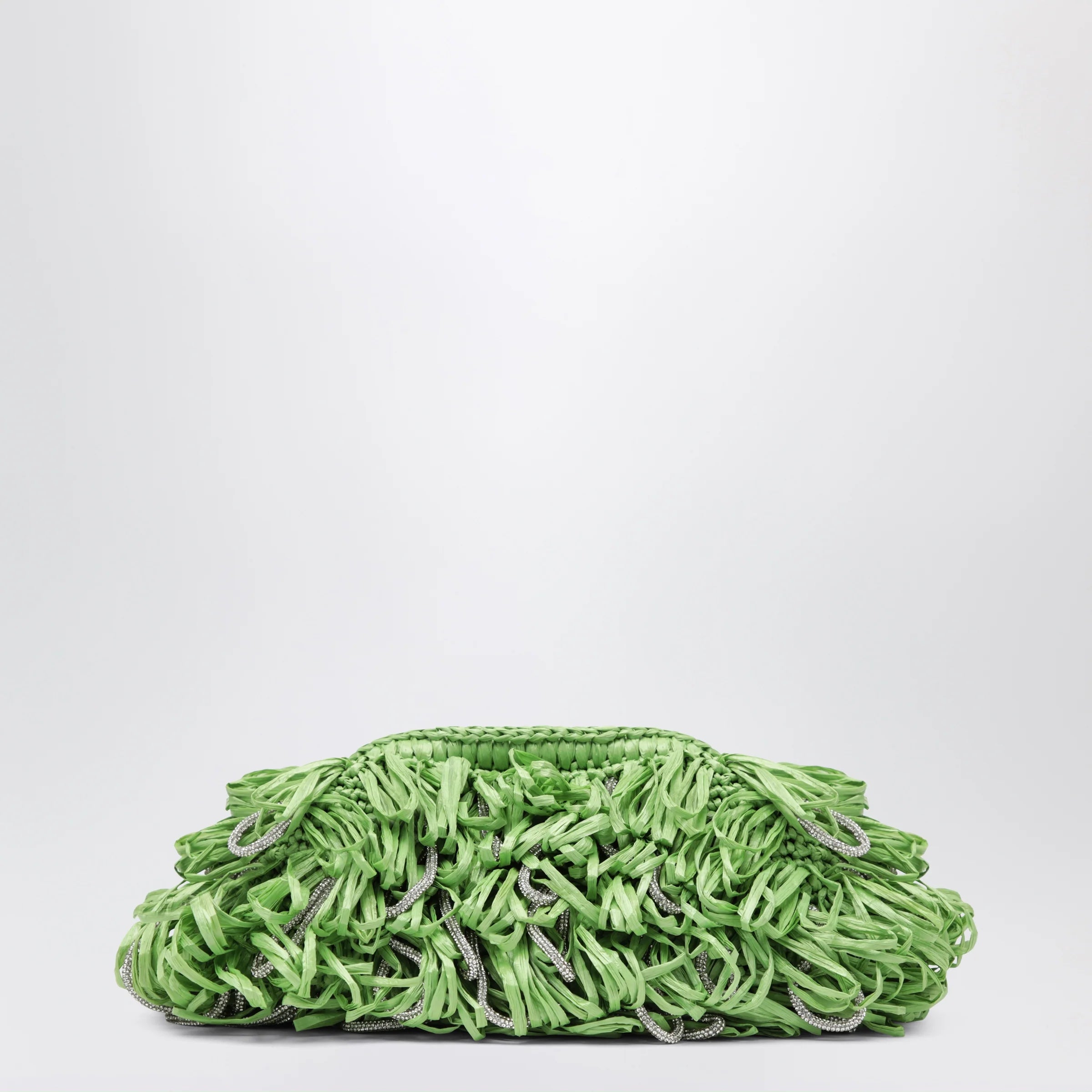 Hibourama Beatrix apple green clutch with raffia fringes and crystals