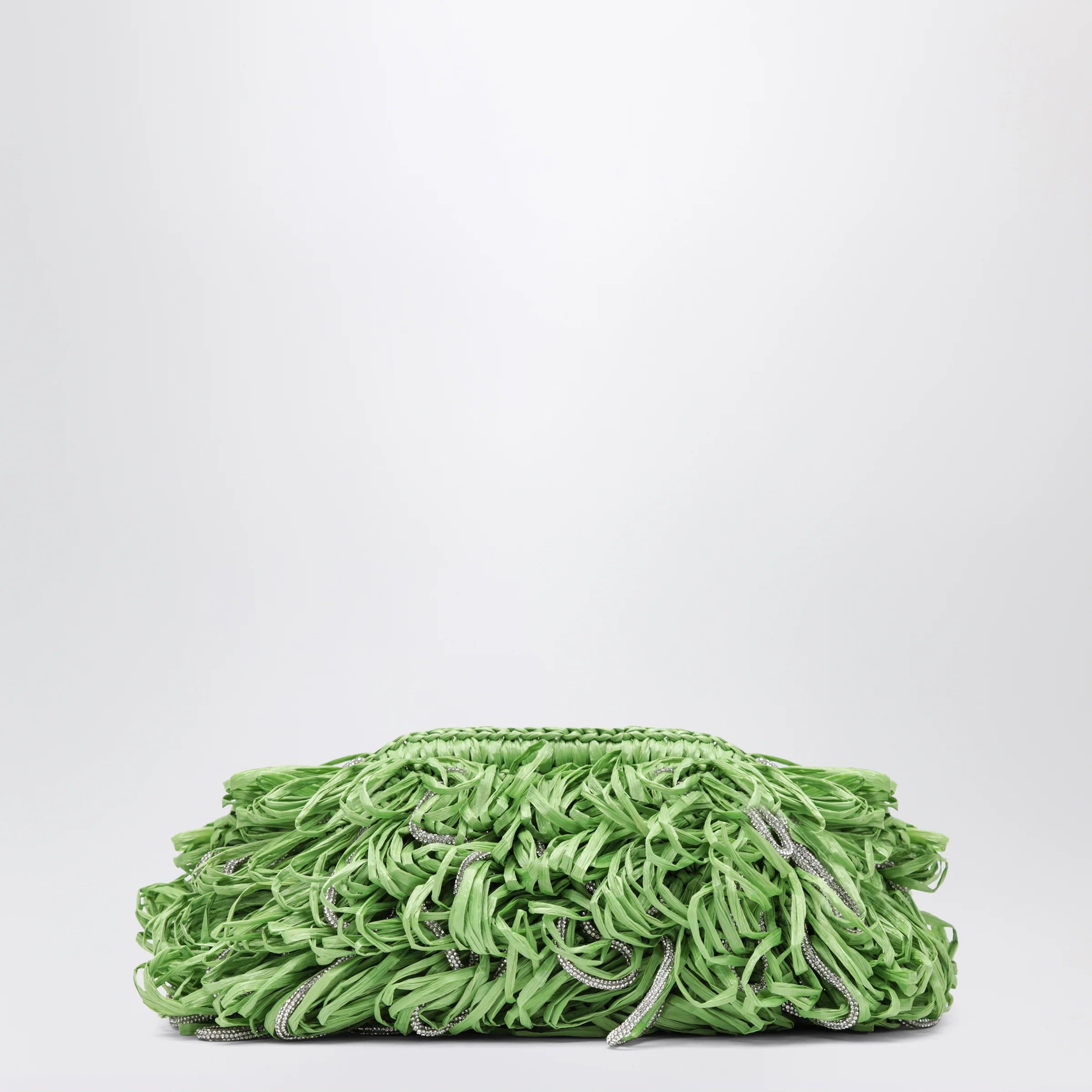 Hibourama Beatrix apple green clutch with raffia fringes and crystals