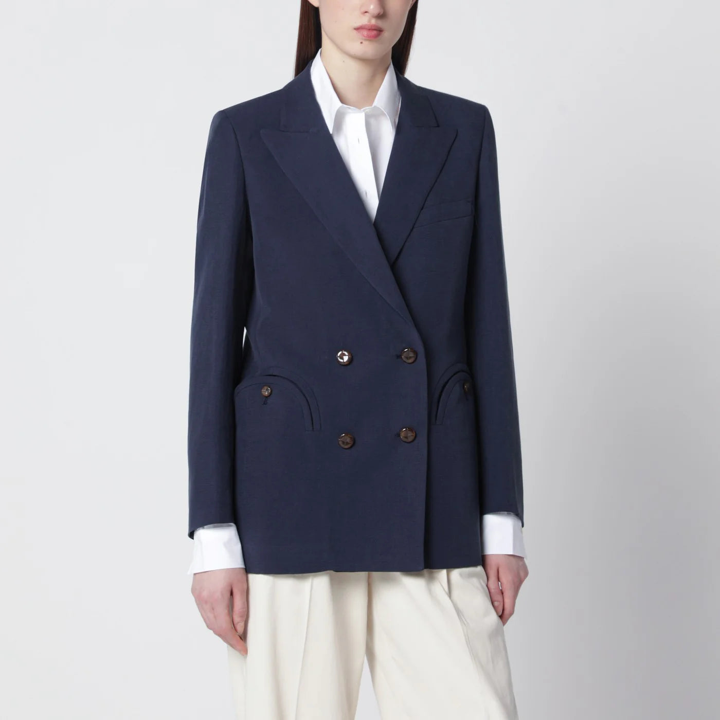 Blazé Milano Navy blue double-breasted jacket in linen and silk