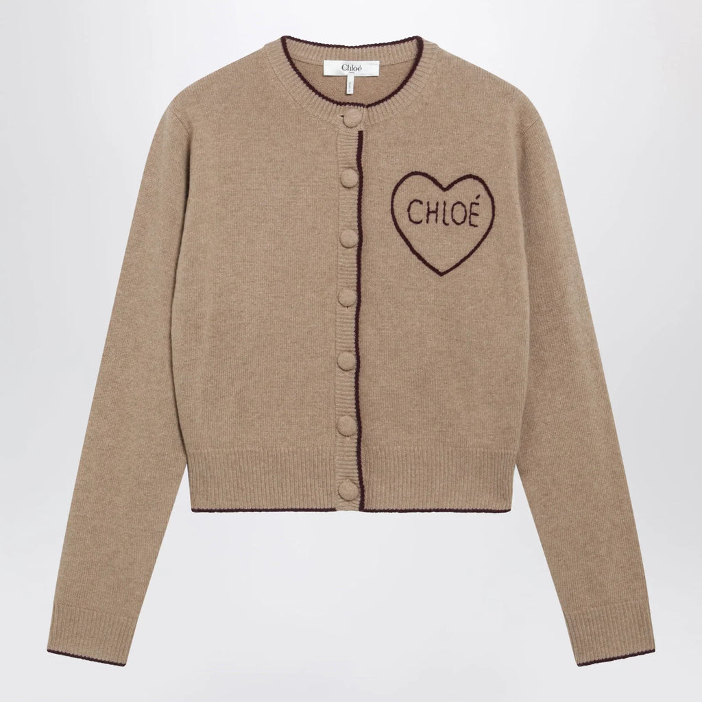 Chloé Light Brown Wool and Cashmere Logo Cardigan