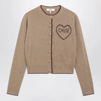 Chloé Light Brown Wool and Cashmere Logo Cardigan