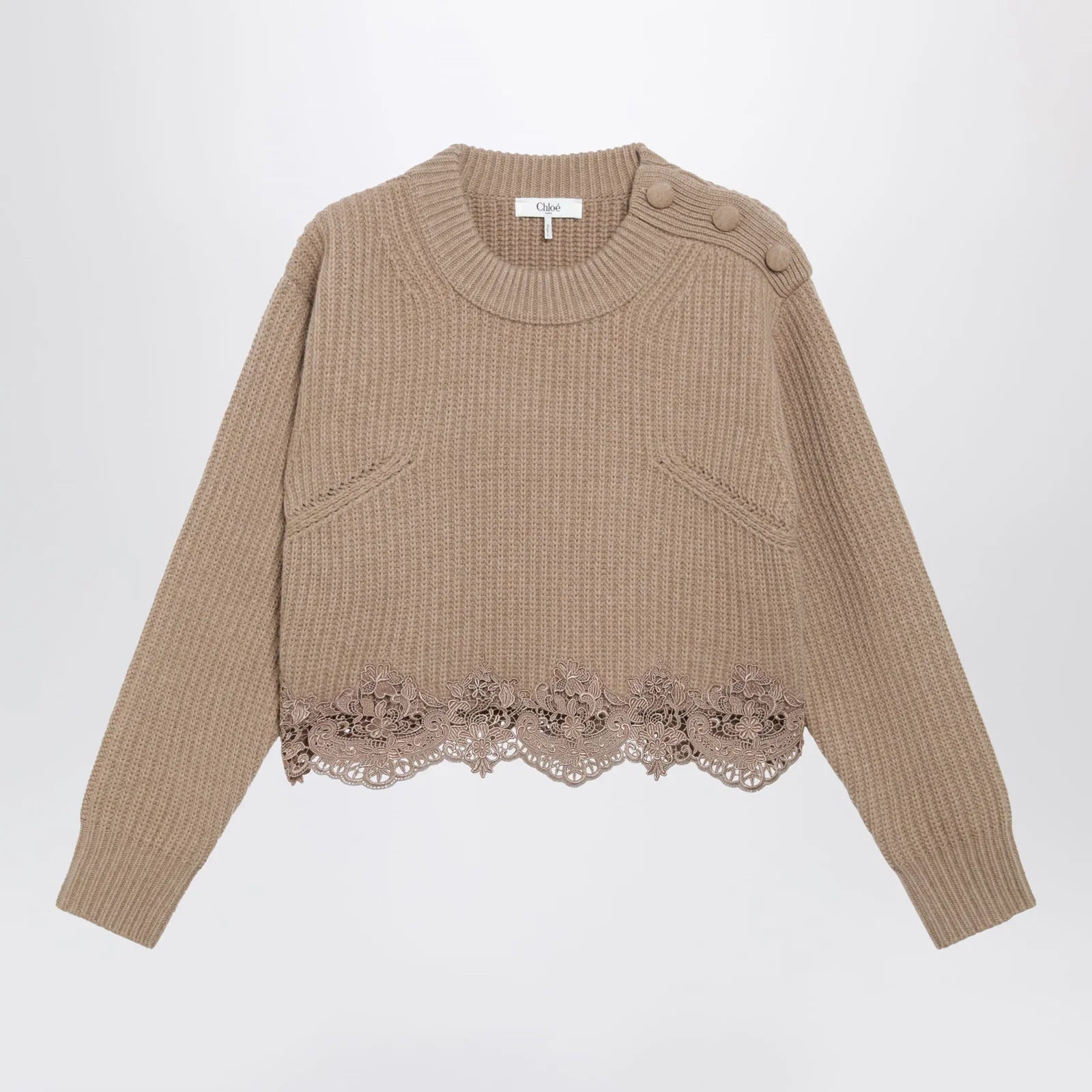 Chloé Cropped turtleneck sweater in wool-cashmere Bleached brown