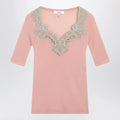 Chloé Fitted elbow-sleeve ribbed wool sweater with lace trim in pink