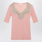 Chloé Fitted elbow-sleeve ribbed wool sweater with lace trim in pink