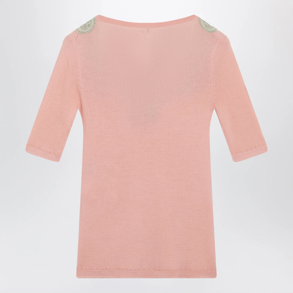 Chloé Fitted elbow-sleeve ribbed wool sweater with lace trim in pink