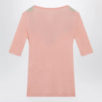 Chloé Fitted elbow-sleeve ribbed wool sweater with lace trim in pink