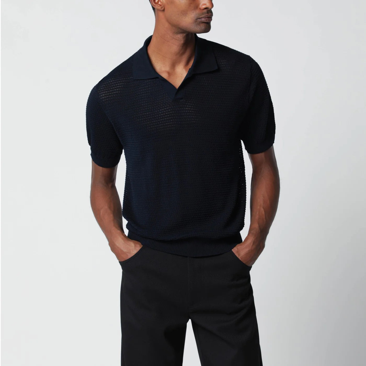 Tagliatore Blue openwork cotton polo shirt