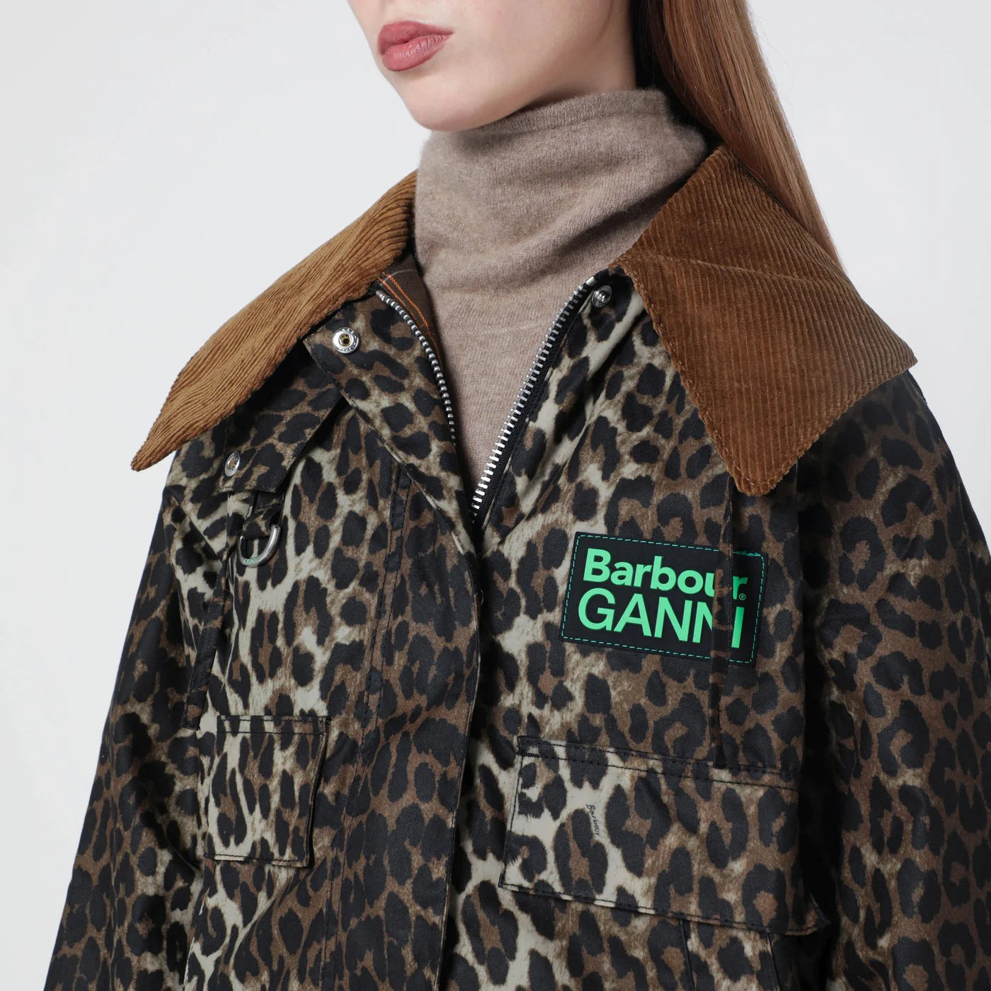 Barbour x GANNI Waxed windbreaker with leopard print
