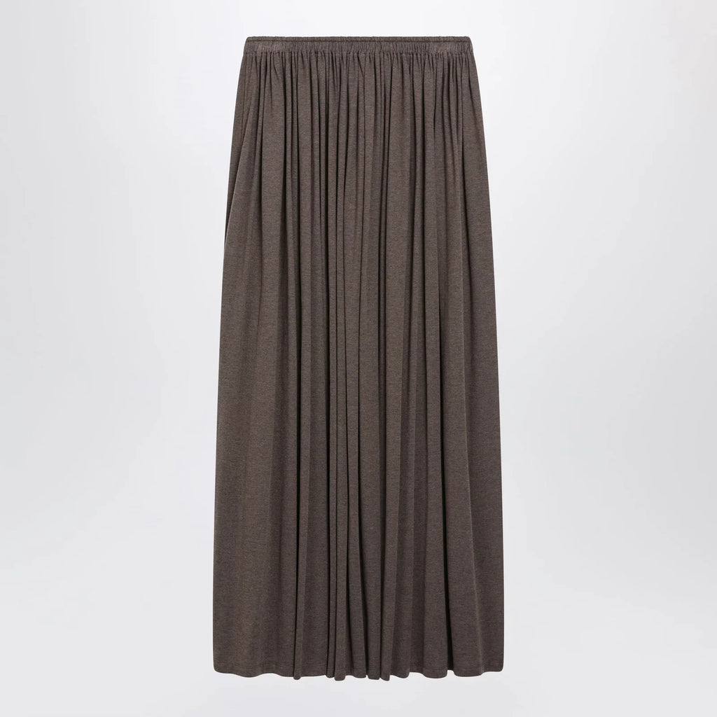 Max Mara Long Pleated Skirt in Dark Khaki Lightweight Jersey