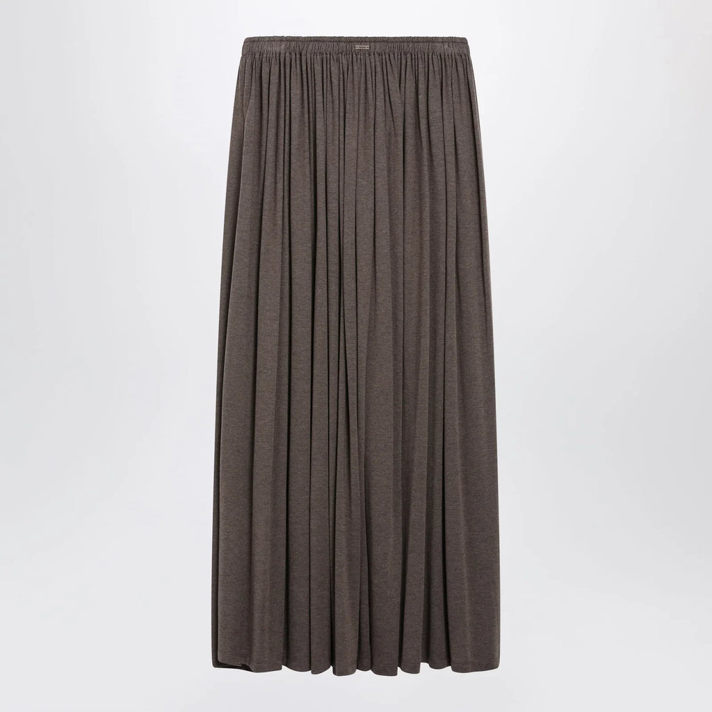Max Mara Long Pleated Skirt in Dark Khaki Lightweight Jersey