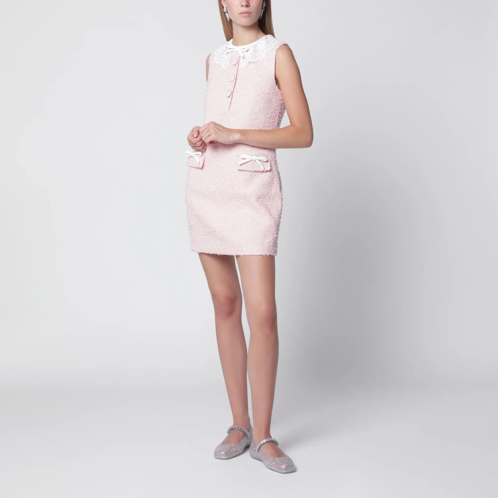 Self-Portrait Pink bouclé mini dress with lace collar