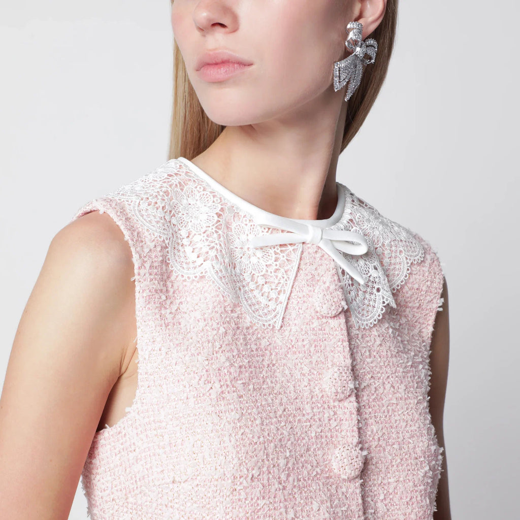Self-Portrait Pink bouclé mini dress with lace collar