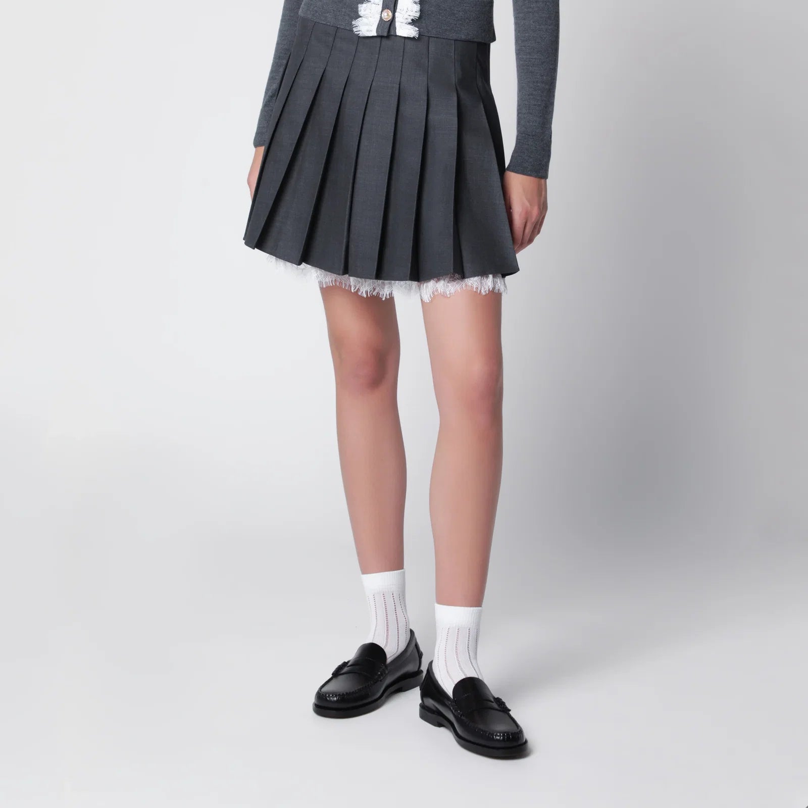 Self-Portrait Pleated wool mini skirt with lace trim in grey