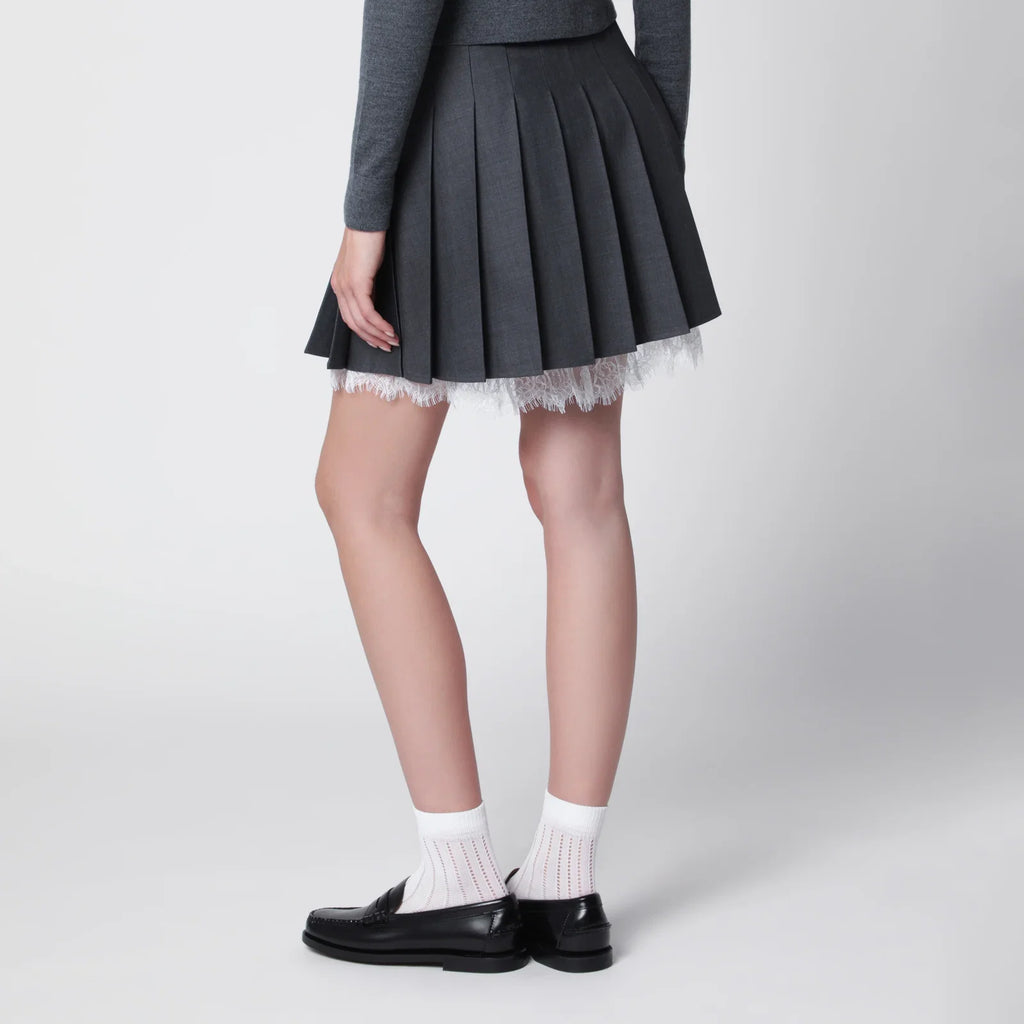 Self-Portrait Pleated wool mini skirt with lace trim in grey