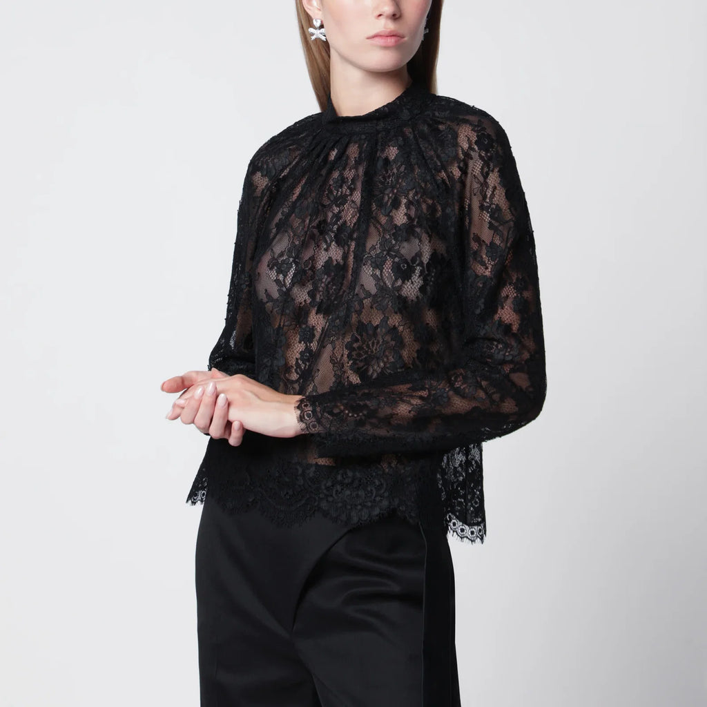 Self-Portrait High-neck lace blouse with long sleeves in black