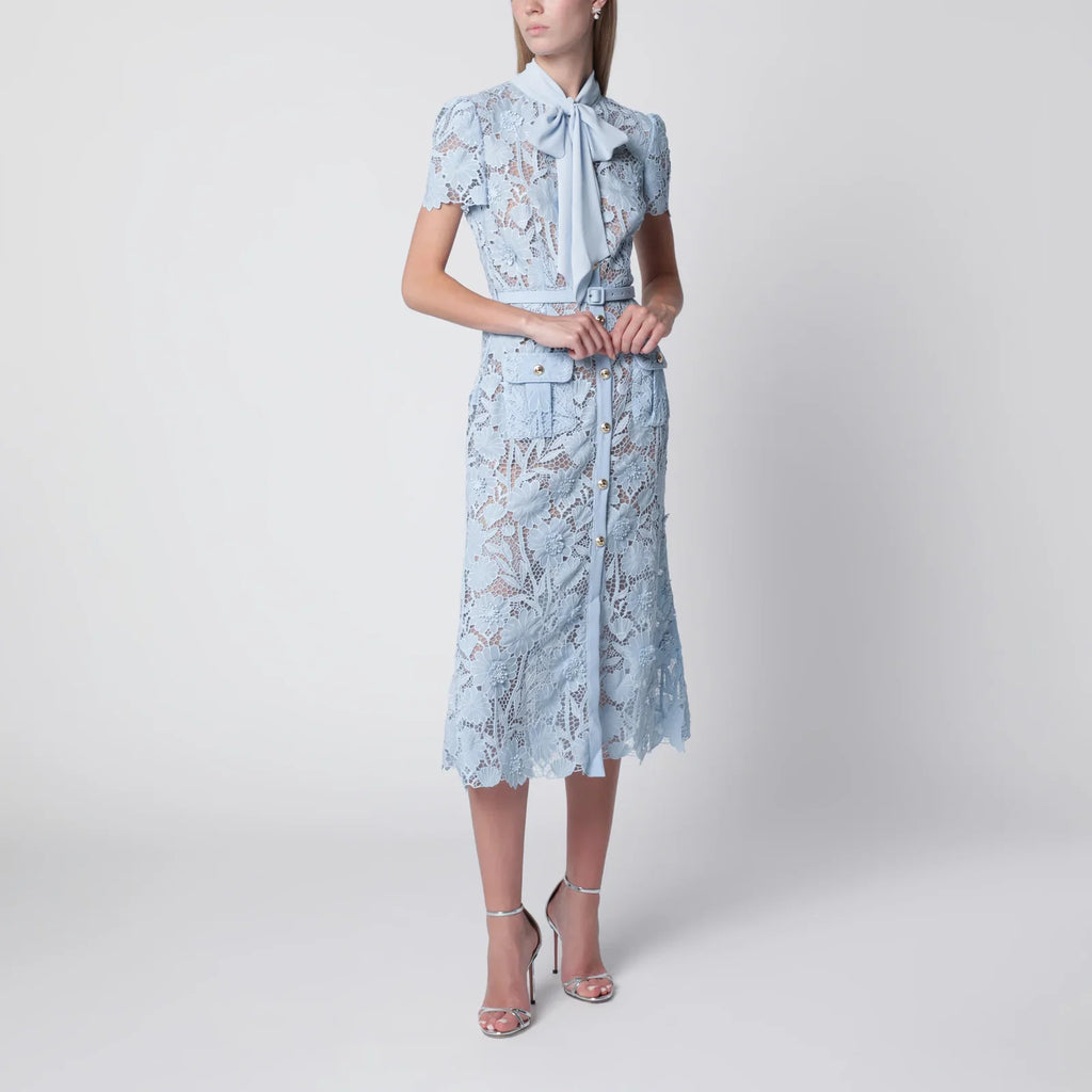 Self-Portrait Tie-neck lace midi dress in blue