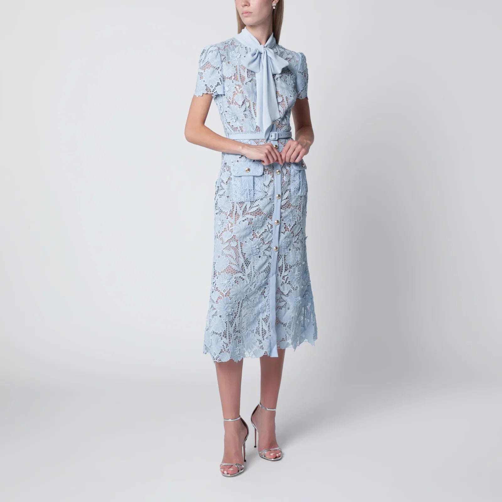 Self-Portrait Tie-neck lace midi dress in blue