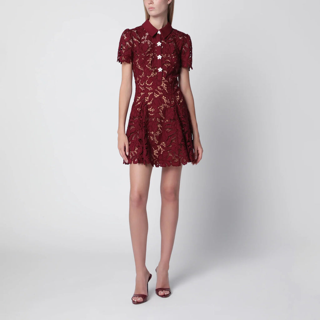 Self-Portrait Lace mini dress with floral buttons in burgundy